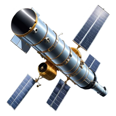 cinematic-realistic-hubble-space-telescope-emoji, an awe-inspiring, ultra-detailed depiction of the Hubble Space Telescope floating in space, its large, reflective metallic surface gleaming against the backdrop of the infinite blackness. The telescope's vast solar panels extend outwards, catching the light from distant stars, while its intricate, cylindrical body showcases advanced, precise engineering. The telescope's large, hexagonal lens is pointed towards the cosmos, surrounded by mechanical components, wires, and sensors. The detailed textures of the telescope’s metallic exterior, the shiny reflective coating, and the intricate grid-like solar panels are sharply contrasted against the void of space, with distant stars and nebulae faintly visible in the background, adding to the sense of scale and technological marvel; rendered with extreme realism and attention to detail. sticker