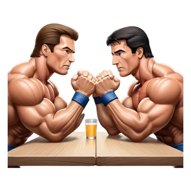 Arnold Schwarzenegger and Sylvester Stallone from 'Over the Top,' locked in an arm wrestling battle, using only their right hands. Their left hands rest on the table. Both display immense strength, with muscular arms flexing, under bright competition lights. Transparent background. sticker
