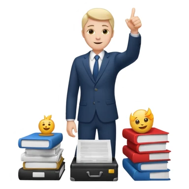 man standing on a pile of paperwork, raising a thumb up emoji sticker