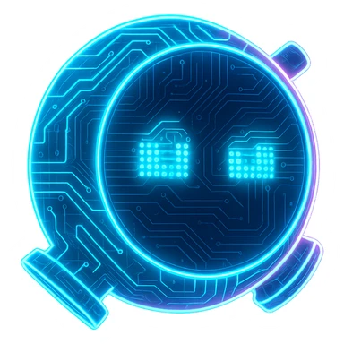 Transform the friendly robot from Main Assembly into a cyberpunk, holographic style with glowing neon blue and pink edges, circuit patterns throughout the entire robot, and a transparent background. Maintain the recognizable round robot shape and friendly face, overlaying neon and circuit effects in the same futuristic, clean style as previous cyberpunk icons. The whole robot should have a consistent cyberpunk glow and intricate circuit details in a futuristic, clean style. sticker