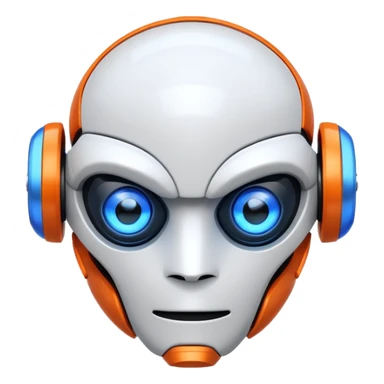 "Cartoon-style robot head with glowing blue eyes, white shell, orange-tipped arms, and blue gradient background" sticker