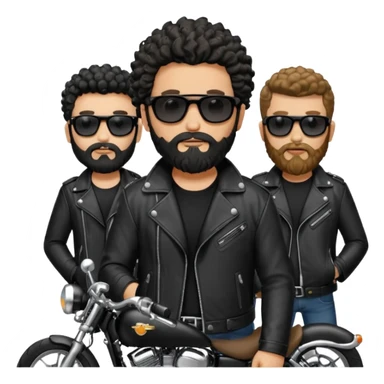 biker gang with black sunglass and rugged and bulky guy bearded curly hair black jacket sticker