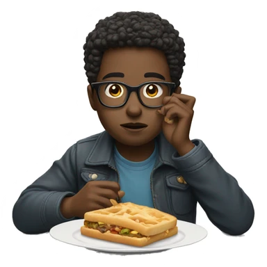 Boy with glasses eating iPhone 16 sticker