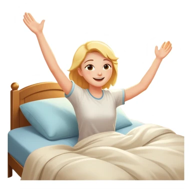 a person waking up early, stretching in bed with sunlight coming through the window, cheerful and fresh sticker