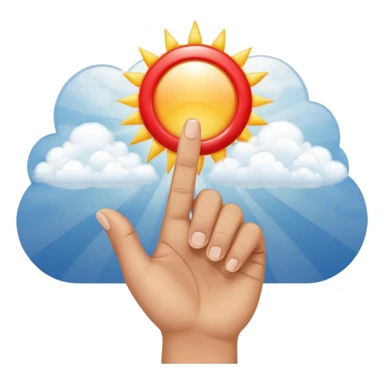 "Create an emoji representation of a hand holding other. One hand with index finger pointing up, surrounded by clouds and sun rays, with a red ring on the ring finger." sticker