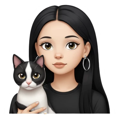 A girl with long straight black hair has upward-slanting eyeliner. She is wearing large silver hoop earrings, a black t-shirt, She is holding a  piebald cat with a black face  sticker