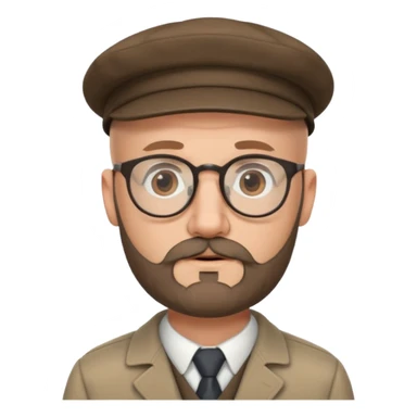 40's white male, bald with short full beard (salt and pepper color brown) with professor glasses and flat cap sticker