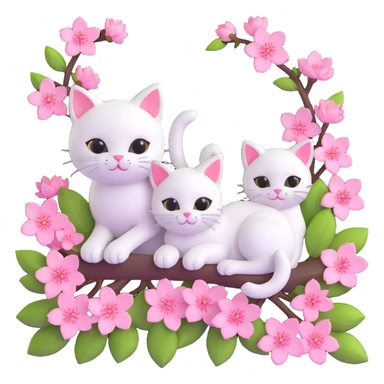 3D iOS-style illustration of a cherry blossom branch with cute white cats peeking out from behind the pink flowers, soft pastel colors, smooth shading, playful friendly vibe sticker