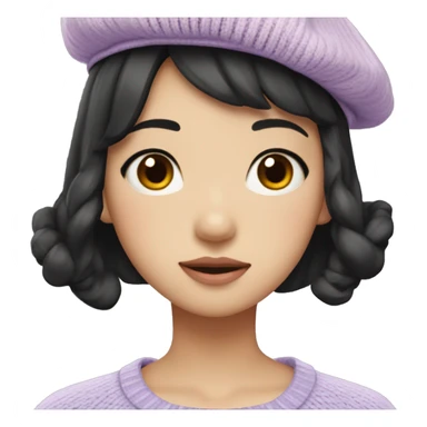 korean girl short black hair sharp jawline, attractive wearing a lilac sweater and beret and bow sticker