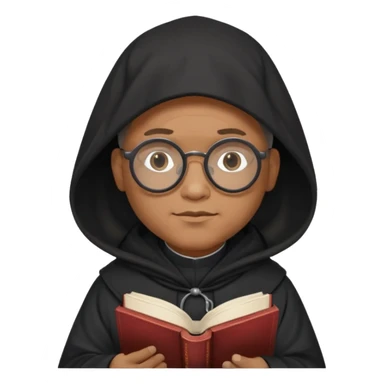 Monk priest prayer black habit with hood round black glasses done light brown wavy hair under hood remove the medallion smaller more round glassed age 46 no necklace more oval face hand holding book that says RB 480 sticker