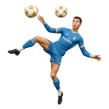 Ronaldo doing a bicycle kick with football in mid air While wearing a Retro blue Real madrid kit and yes i want it to be exactly the same as he Scored it in 2018 vs Juventus  sticker