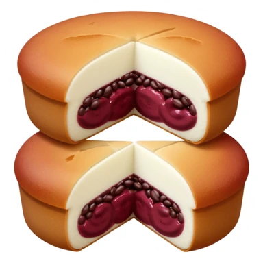 A soft round mochi cut in half, showing the filling inside (red bean paste or pink/white filling), outer layer is white and slightly stretchy-looking, smooth and pillowy texture, simple flat design style, centered on transparent background.
 sticker
