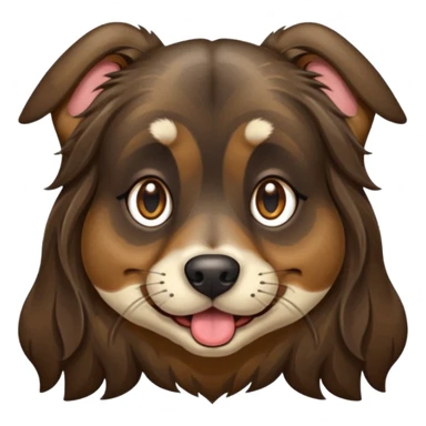 dog face with long black+brown brindle coat and bridge of nose. ears stand up w/ tips folded down. make eyes light brown-ish gold. widen tongue and add dark splotch. keep mane long.  sticker