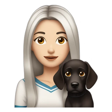 One white women with long dark brown hair and long eyelashes dark brown eyes and thick dark brown eyebrows with one black dog with a white stripe on the neck and ears raised up sticker