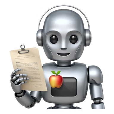 smiling robot holding a document with text, apple emoji style sticker