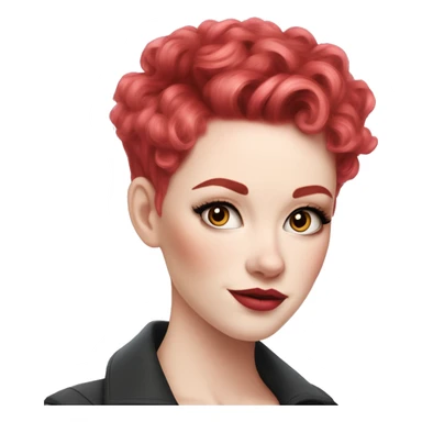Woman with very pale skin, with bright red pixie cut curly hair, heavy eye makeup, cat eyeliner, long eyelashes, bright pink blush and bright pink lipstick  sticker