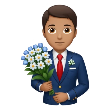 Homme avec bouquet fleurs blanches, avec uniforme bleu foncé cravate rouge, arabe raie sur le coté, brun un peu bronzé et yeux marrons  sticker