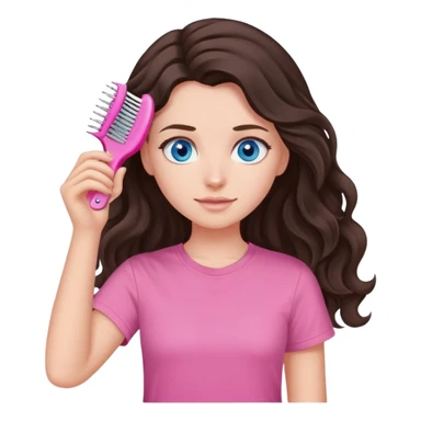 Девушка с голубыми глазами темно коричневыми длинными волнистыми волосами в розовой футболке держит расчесывает волосы sticker