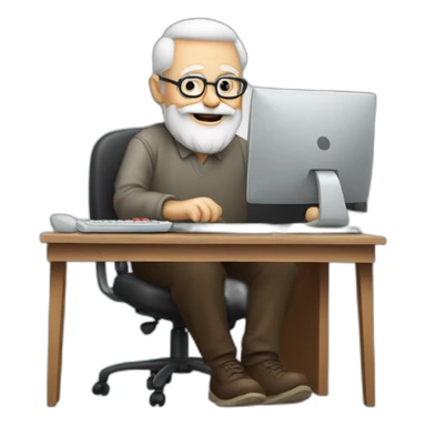 old man with beard and glasses sitting at a desktop with computer sticker