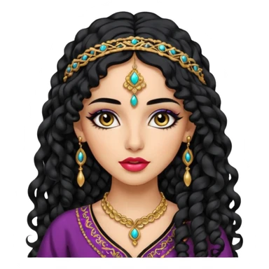 emoji of a fashionable girl with arabian features, long curly hair, light skin, pretty lips, black eyeliner, in arabian clothes sticker