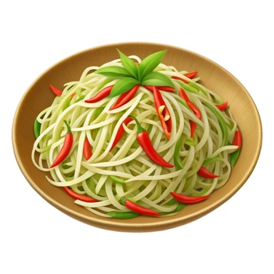 Cinematic Realistic Som Tam (Papaya Salad) Dish Emoji, featuring a spicy, tangy salad of shredded green papaya with chili and lime rendered with crisp textures and bright, lively lighting. sticker