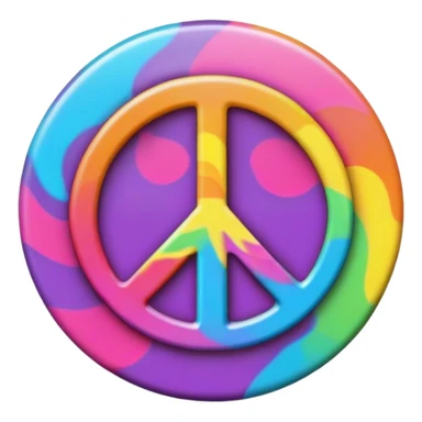 A round psychedelic colored button that says peace sticker