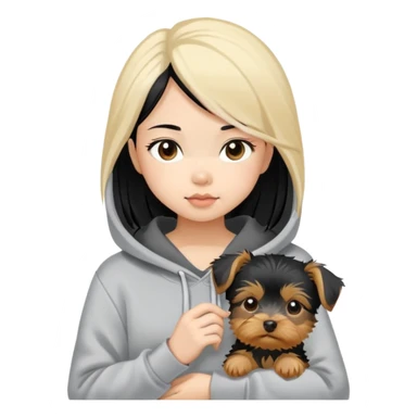 a black-haired Chinese girl in a gey hoodie with a blonde yorkie puppy sticker