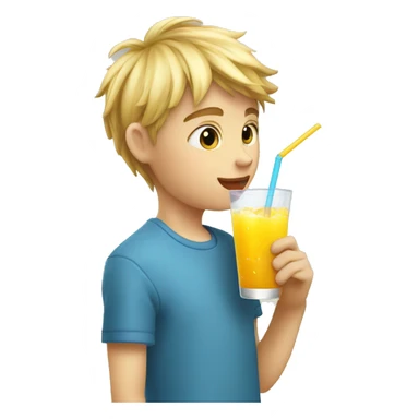 A blonde boy sucking juice with a straw while his hand is holding the drink, profile view sticker