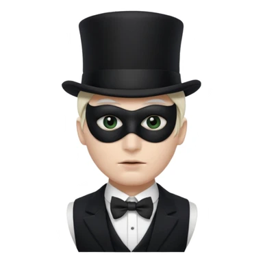 A man with white skin, a black half mask with an eye hole, a black top hat, a black vest with a black tie tucked underneath, and a white collared shirt sticker