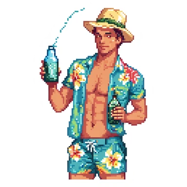 human male Unbuttoned Hawaiian shirt, swim trunks, shaking a cocktail shaker (sparks flying), with a hat sticker