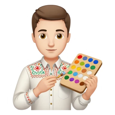 A guy in a white Ukrainian embroidered shirt holds musical notes and a paint palette in his hand sticker