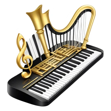 Create a detailed and elegant emoji collage representing keyboard instruments in a celebratory and professional style, reminiscent of a coat of arms. The design should feature a central arrangement of black and white piano keys, forming a symmetrical, powerful image. Around the keys, include a flowing ribbon of musical notes that intertwines with the keys, creating a sense of movement and harmony. Use gold and silver accents to highlight the keys and musical notes, giving the design a festive, high-quality appearance. The design should convey professionalism, elegance, and a sense of occasion. Add subtle reflections on the piano keys to enhance the polished look. The background should be transparent. sticker