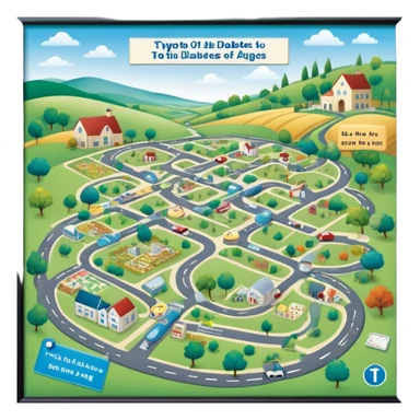 journey on a game board about Type 1 diabetes and aging with pretty pathways in a countryside (hospital, places to live, advocacy, physical changes, to share knowledge and ways of coping, energetic with text: T1D to 100 and subtext Aging with Type 1 diabetes, easy for seniors to see and understand sticker
