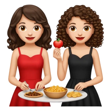 Two girls eating, one brunette with straight hair and another brunette with curly hair, emoji style, first girl has a black dress and the second girl has a red dress sticker
