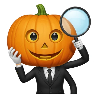 A pumpkin smiling at a magnifying glass (the magnifying glass has a suit thats black, the magnifying glass also has one eye in the middle turn the magnifying glass into a living person give the magnifying glass Normal looking eyes and give it actual arms and legs  sticker