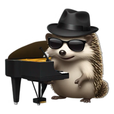 Hedgehog wearing a fedora, black lipstick, and black sunglasses, playing piano sticker