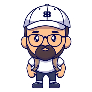 adventurer with small beard, glasses and backwards baseball cap sticker