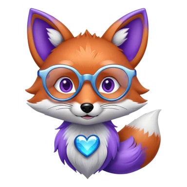 A whimsical fox with sparkling purple-blue fur, a glowing tail, a silver star on its forehead, and round glasses, with heart-shaped eyes, looking in love sticker