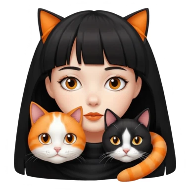 a girl with a short black curtain bangs hair and with her 2 cat color white black cat and orange white cat laying on her neck sticker