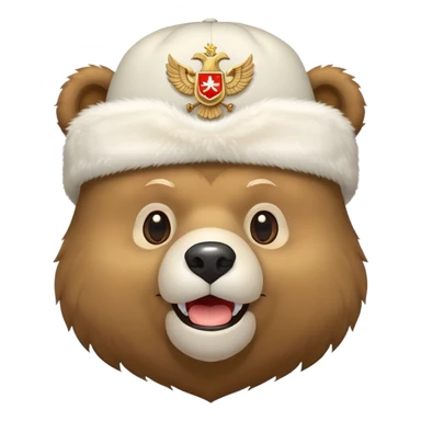 Cartoon Russian bear head wearing white furry ushanka with double-headed eagle emblem centered on the hat, iOS emoji style sticker
