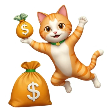 happy cat leaping into a modern money bag with a dollar symbol, emoji style sticker