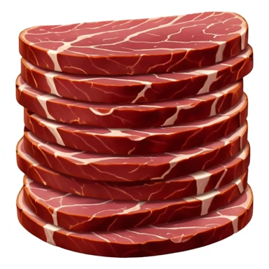 overlapping thin slices of air-dried beef, deep red color, smooth glossy surface, darker curved edges, visible lean texture, no board or packaging, soft light, subtle shadow, emoji scale sticker