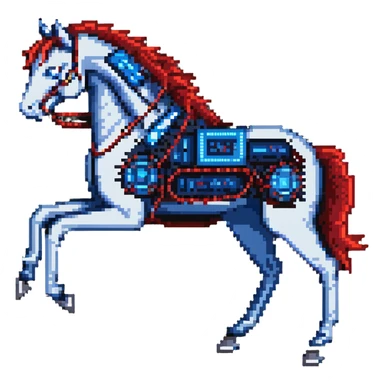 fast electric horse made of electricity, metal plates, bolts, visible blue and red wires, lightning coursing through its body, cybernetic sticker
