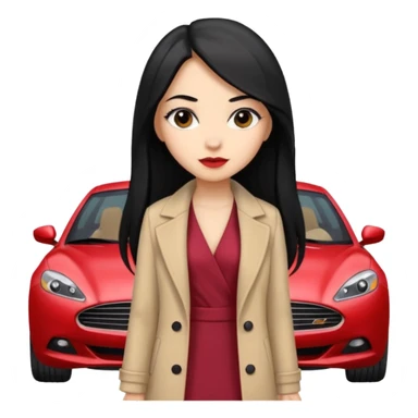 A fast, expensive black car with a young woman beside it The young woman has long black hair, wears a beige formal coat, and underneath is a cherry-colored dress. With expensive blak caaar sticker
