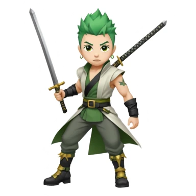 Muscular scarred warrior, short spiky moss-green hair, sharp steel-grey eyes, strong jaw, serious stare. Black trousers, boots, green sash with three katanas, open white coat, three gold earrings. Cinematic, ultra-realistic. (Roronoa Zoro) sticker