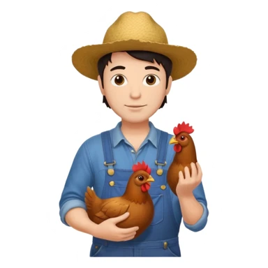 UN HOMBRE VESTIDO DE GRANJERO PIEL CLARA Y PELO OSCURO CON UNA GALLINA  sticker