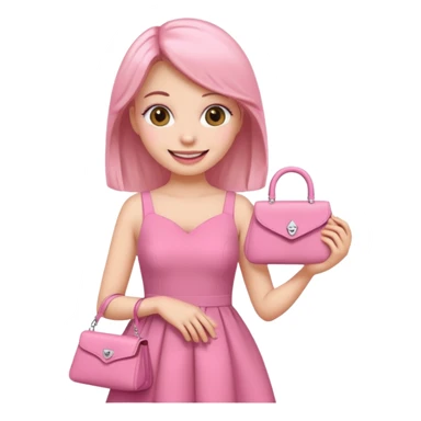 girly girl emoji, pink dress, long eyelashes, smiling, holding a purse sticker