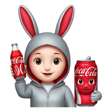 Red soda can as its head and a body resembling a bottle can . The can has large, friendly eyes and a smiling facial expression. The character’s bunny long ears are also red, and it has sliver accents on either side. The body displays the Coca-Cola logo prominently. sticker