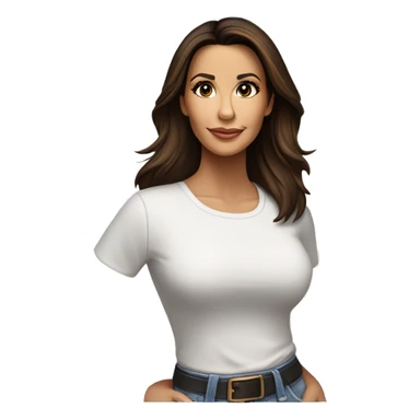 3/4 face, contrasted, shadow, light, Eva Longoria expression, standing from a distance, thin nose, brunette woman, hazel eyes, long eyelashes, dark shoulder shaded hair, white t-shirt, jeans, white sneakers sticker