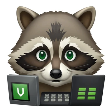 Raccoon face with black computer terminal window in background. The terminal window displays code in green and black. sticker